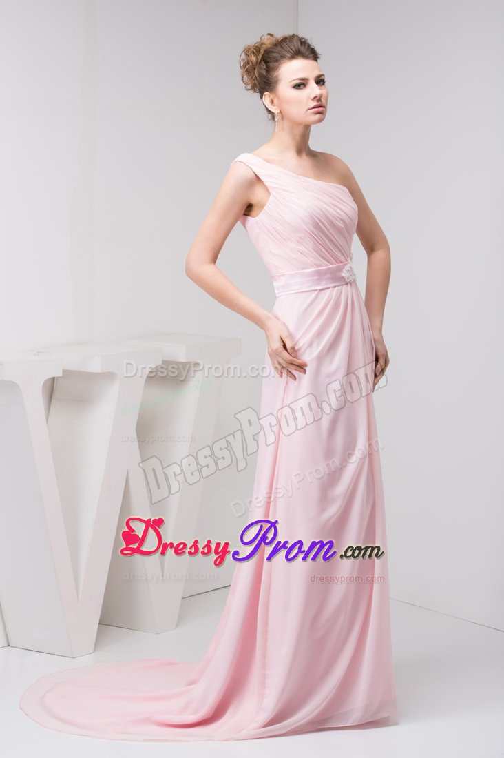 Light Pink One Shoulder Prom Theme Dresses with Court Train 2014
