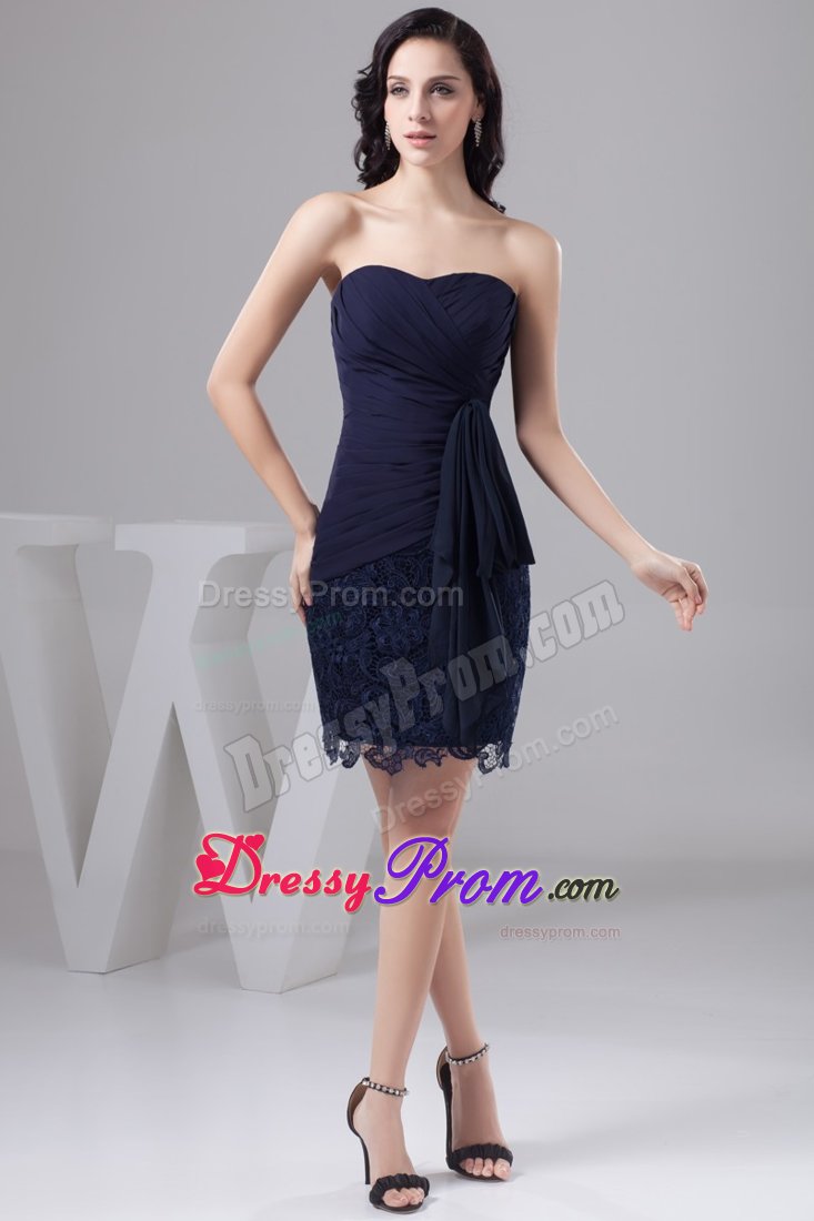 Ruched Chiffon and Lace Navy Blue Prom Theme Dresses Mini Length