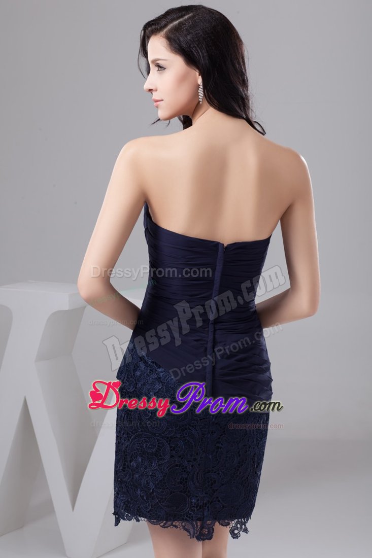Ruched Chiffon and Lace Navy Blue Prom Theme Dresses Mini Length