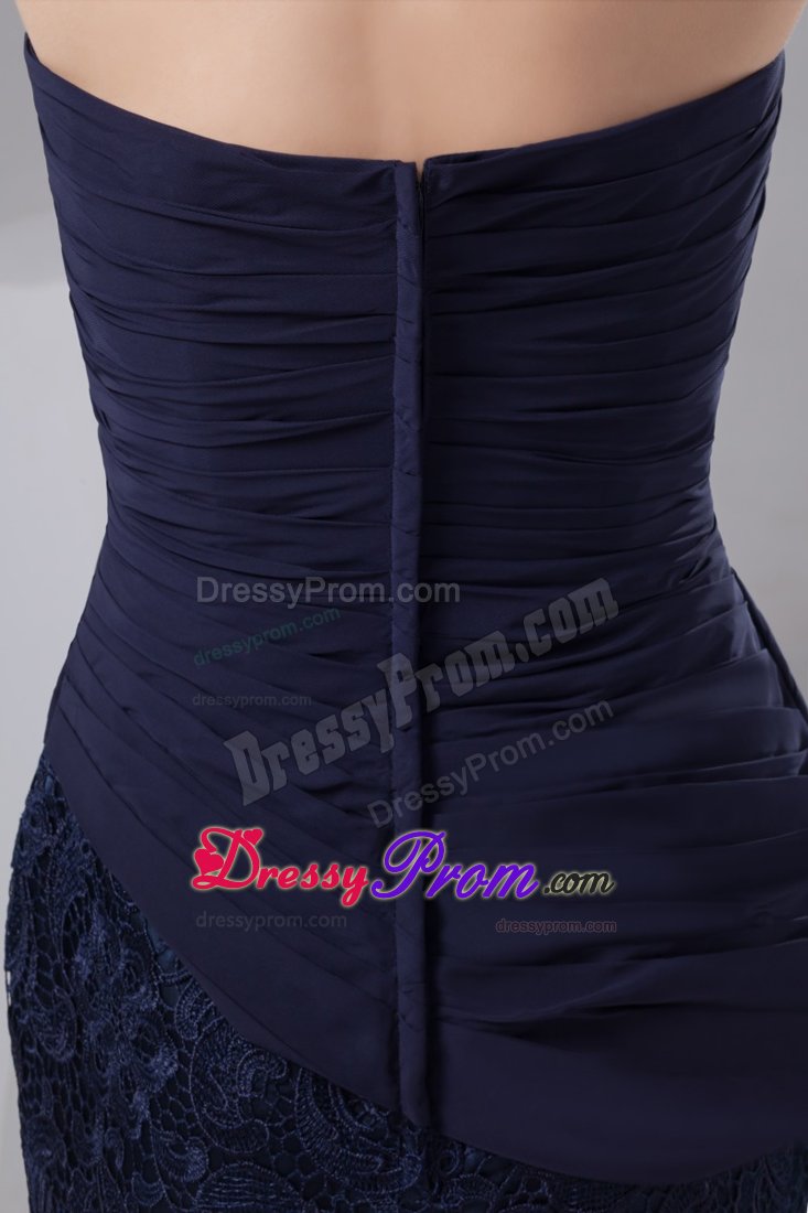 Ruched Chiffon and Lace Navy Blue Prom Theme Dresses Mini Length