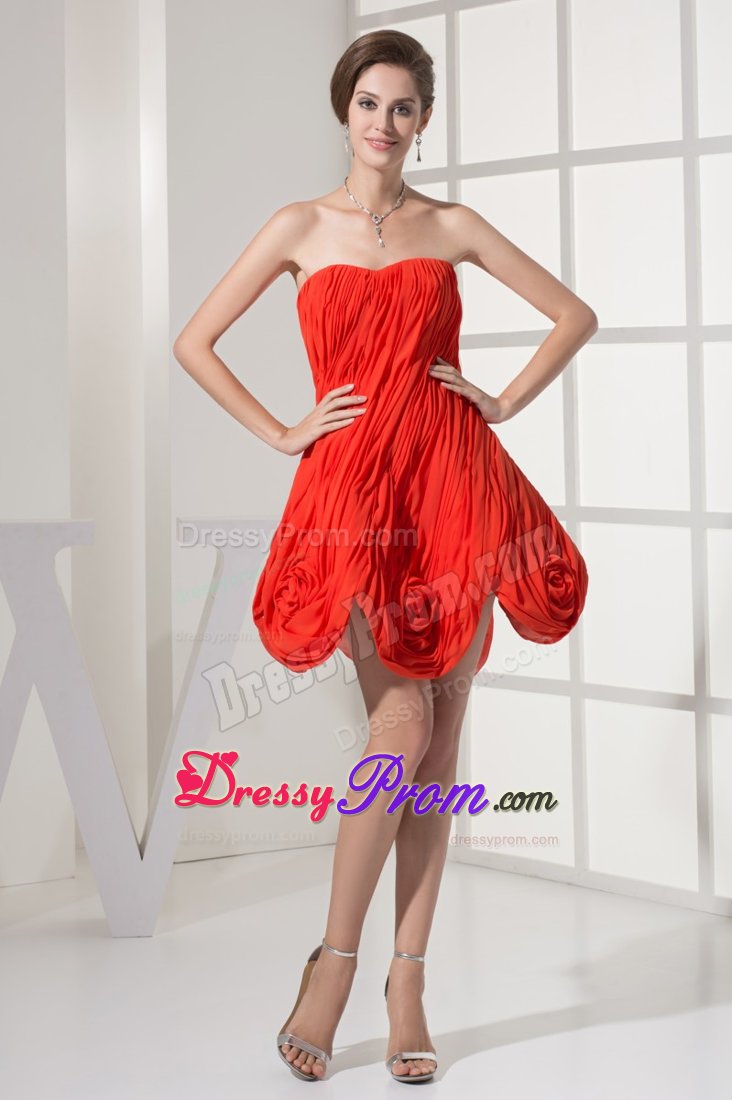 Ruches and Flowers Accent Mini Length Red Prom Cocktail Dresses