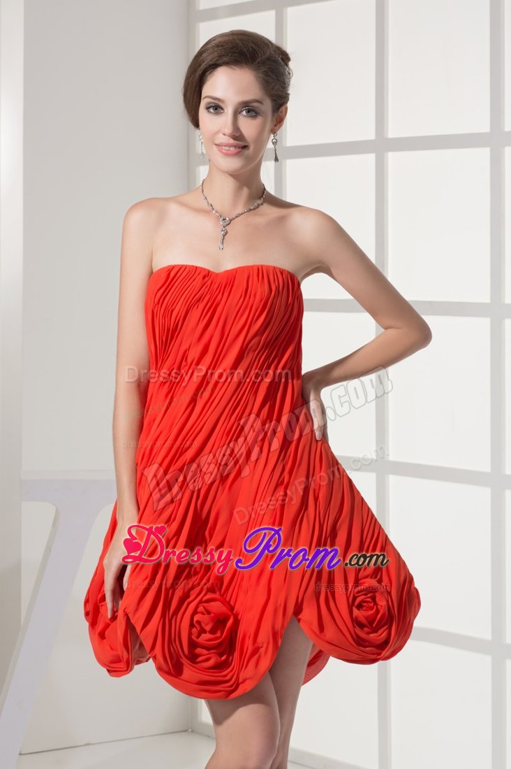 Ruches and Flowers Accent Mini Length Red Prom Cocktail Dresses