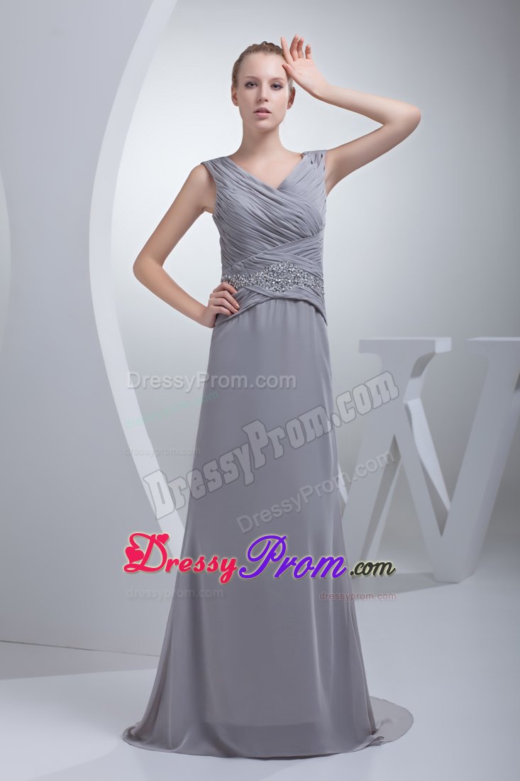 Ruched and Beaded V-neck Gray Prom Maxi Dress with Brush Train
