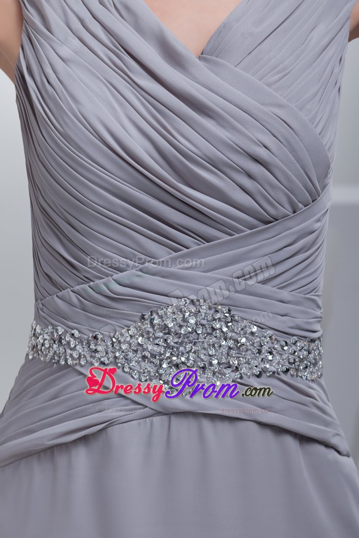 Ruched and Beaded V-neck Gray Prom Maxi Dress with Brush Train