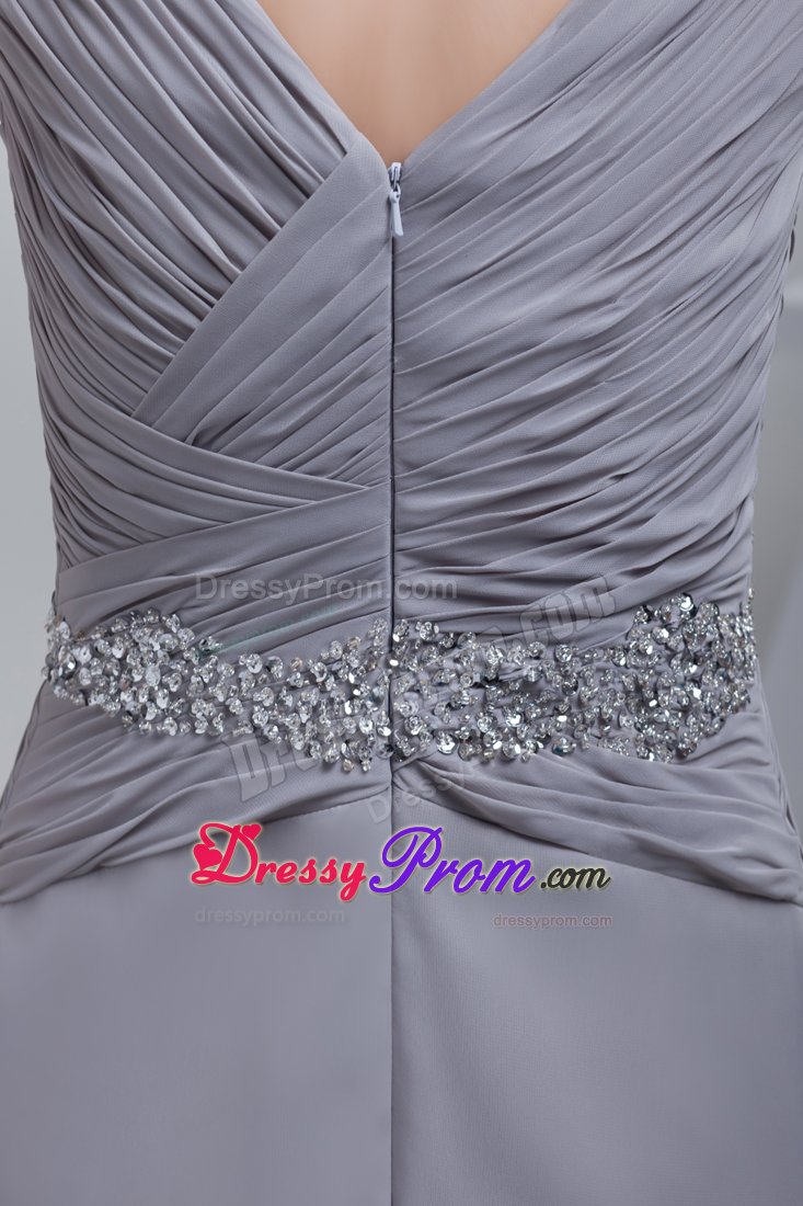 Ruched and Beaded V-neck Gray Prom Maxi Dress with Brush Train
