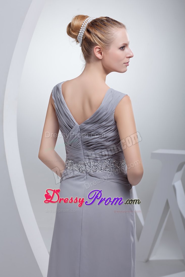 Ruched and Beaded V-neck Gray Prom Maxi Dress with Brush Train