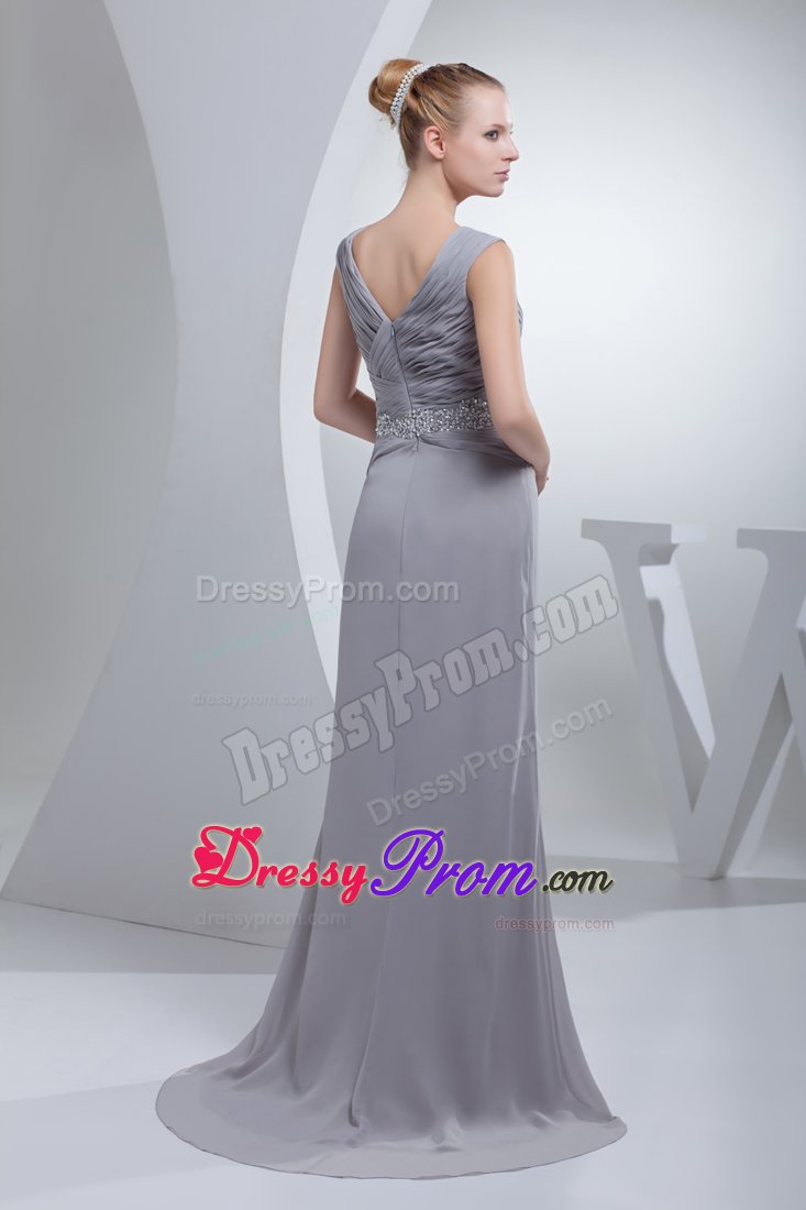 Ruched and Beaded V-neck Gray Prom Maxi Dress with Brush Train