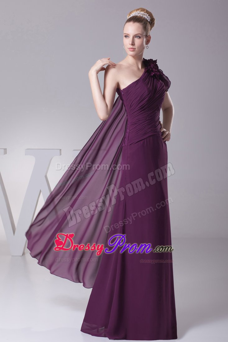 Flowery One Shoulder Ruched Prom Maxi Dress in Dark Purple 2014
