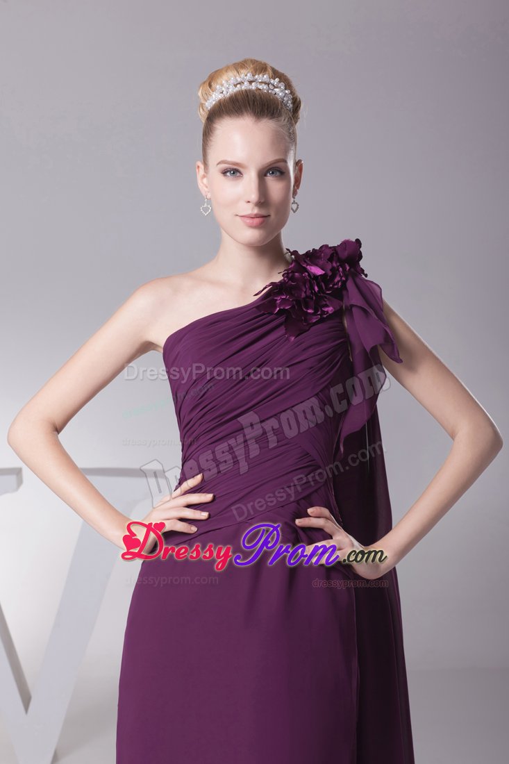 Flowery One Shoulder Ruched Prom Maxi Dress in Dark Purple 2014