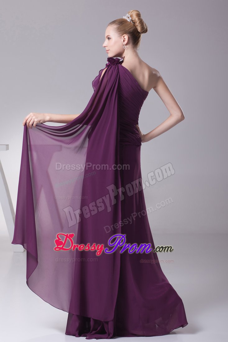 Flowery One Shoulder Ruched Prom Maxi Dress in Dark Purple 2014