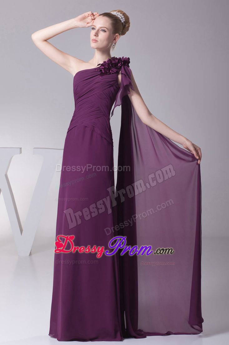 Flowery One Shoulder Ruched Prom Maxi Dress in Dark Purple 2014