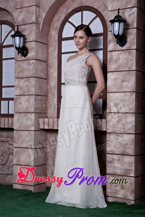 Beaded and Ruched One Shoulder Prom Maxi Dress of White Chiffon