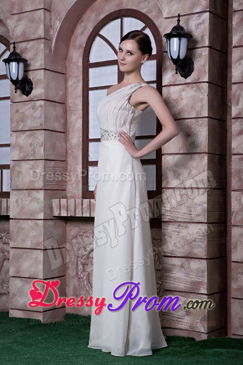Beaded and Ruched One Shoulder Prom Maxi Dress of White Chiffon