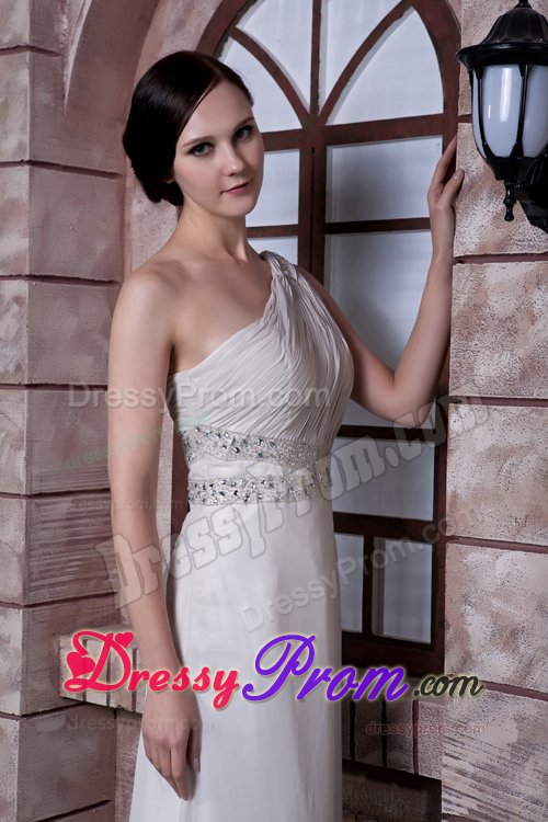 Beaded and Ruched One Shoulder Prom Maxi Dress of White Chiffon
