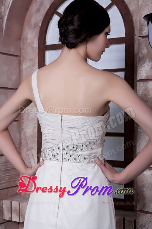 Beaded and Ruched One Shoulder Prom Maxi Dress of White Chiffon