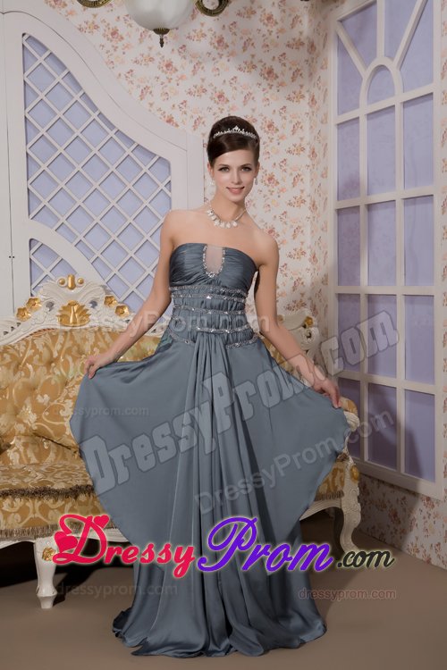 Gray Strapless Brush Train Prom Maxi Dress with Beading Ruches