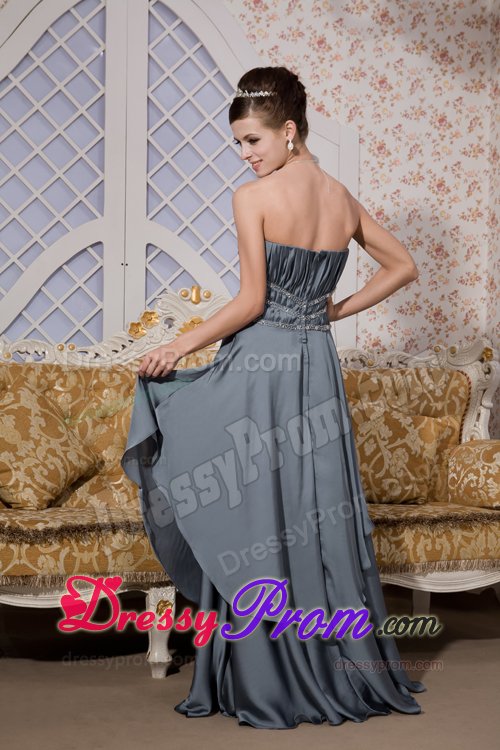 Gray Strapless Brush Train Prom Maxi Dress with Beading Ruches