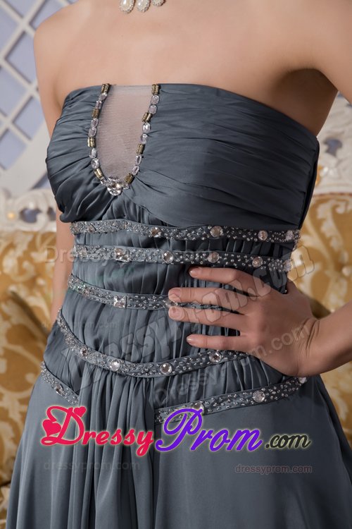 Gray Strapless Brush Train Prom Maxi Dress with Beading Ruches