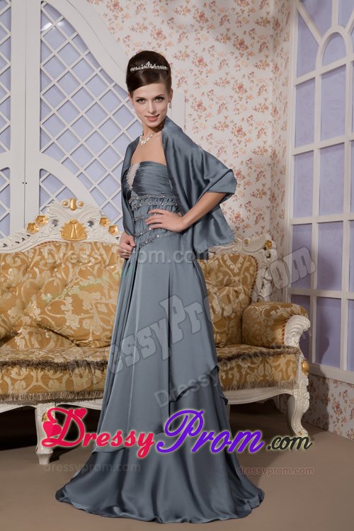 Gray Strapless Brush Train Prom Maxi Dress with Beading Ruches