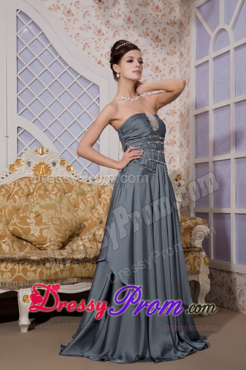 Gray Strapless Brush Train Prom Maxi Dress with Beading Ruches