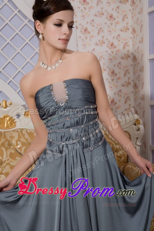 Gray Strapless Brush Train Prom Maxi Dress with Beading Ruches