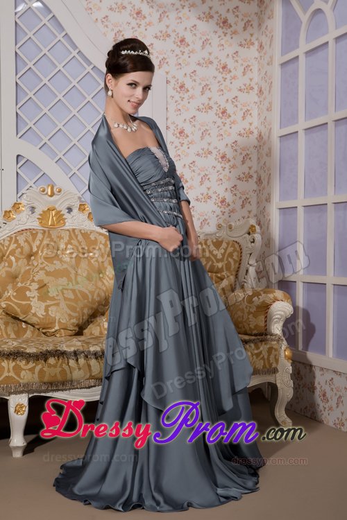 Gray Strapless Brush Train Prom Maxi Dress with Beading Ruches