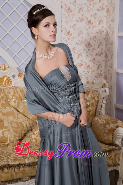 Gray Strapless Brush Train Prom Maxi Dress with Beading Ruches