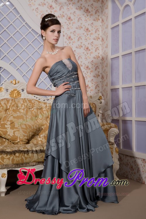 Gray Strapless Brush Train Prom Maxi Dress with Beading Ruches