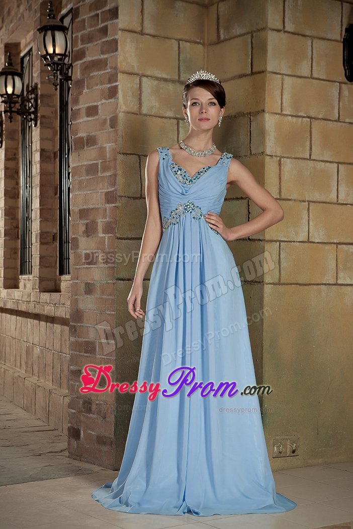 Appliqued and Beaded V-neck Prom Maxi Dress in Light Blue 2014