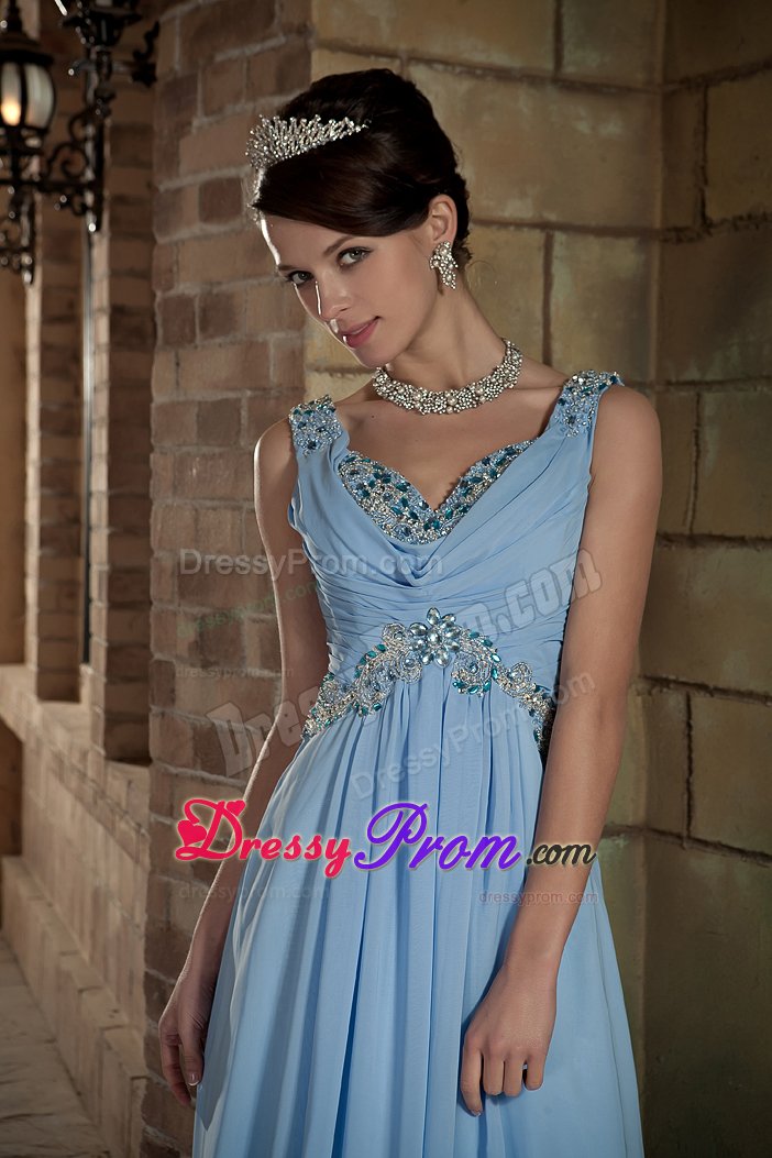 Appliqued and Beaded V-neck Prom Maxi Dress in Light Blue 2014