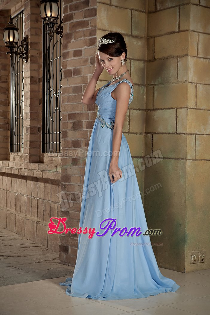 Appliqued and Beaded V-neck Prom Maxi Dress in Light Blue 2014