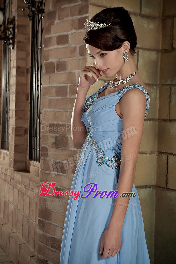 Appliqued and Beaded V-neck Prom Maxi Dress in Light Blue 2014