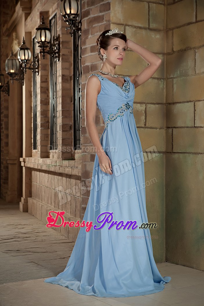 Appliqued and Beaded V-neck Prom Maxi Dress in Light Blue 2014