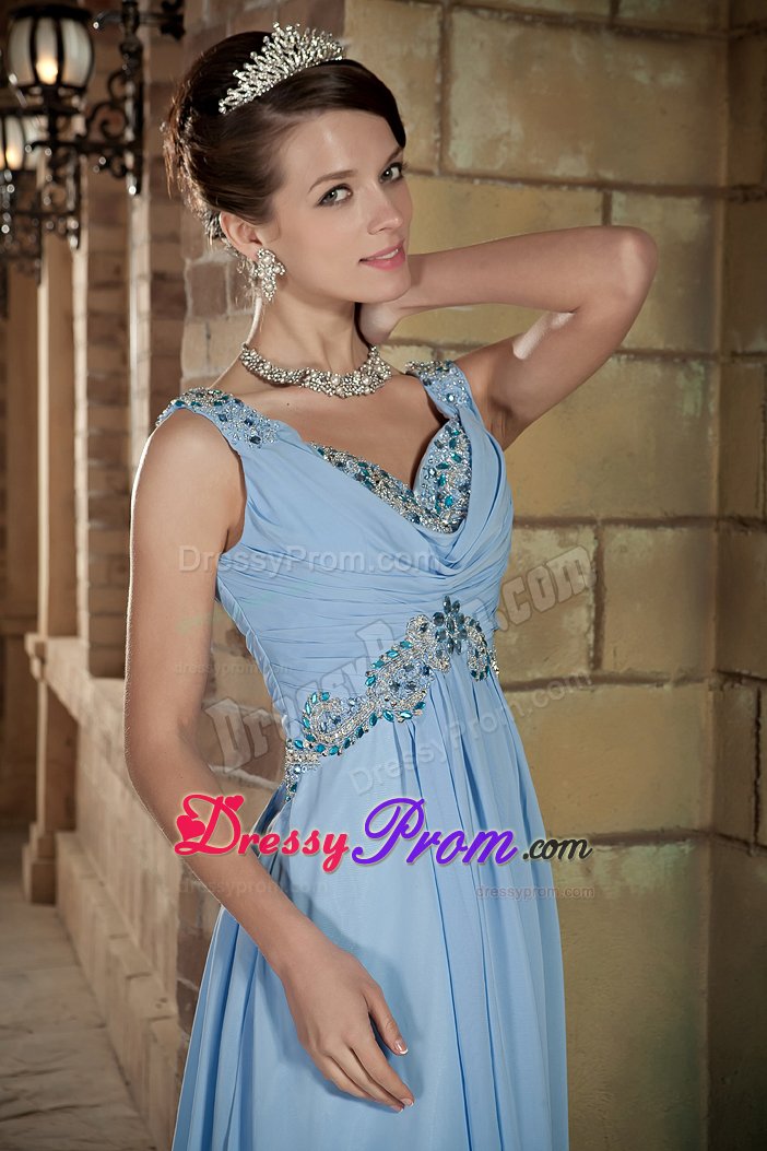 Appliqued and Beaded V-neck Prom Maxi Dress in Light Blue 2014