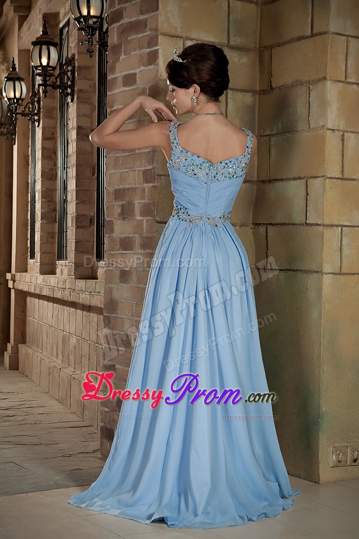 Appliqued and Beaded V-neck Prom Maxi Dress in Light Blue 2014