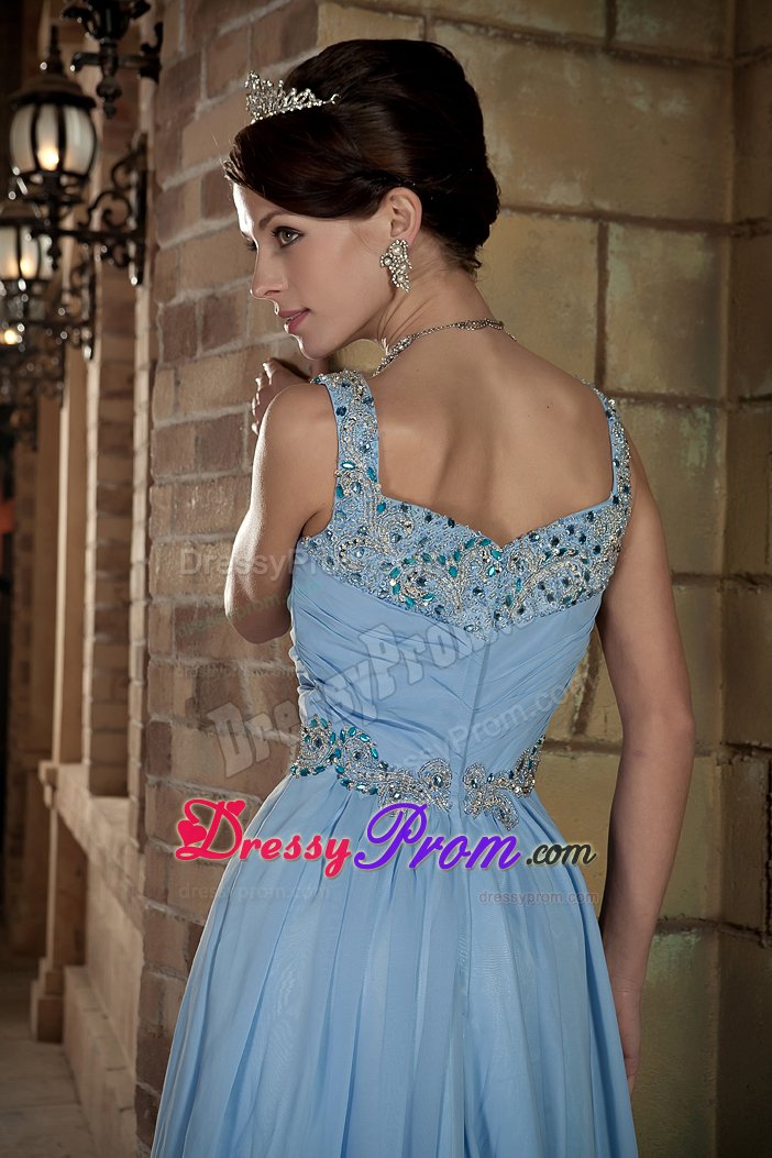 Appliqued and Beaded V-neck Prom Maxi Dress in Light Blue 2014
