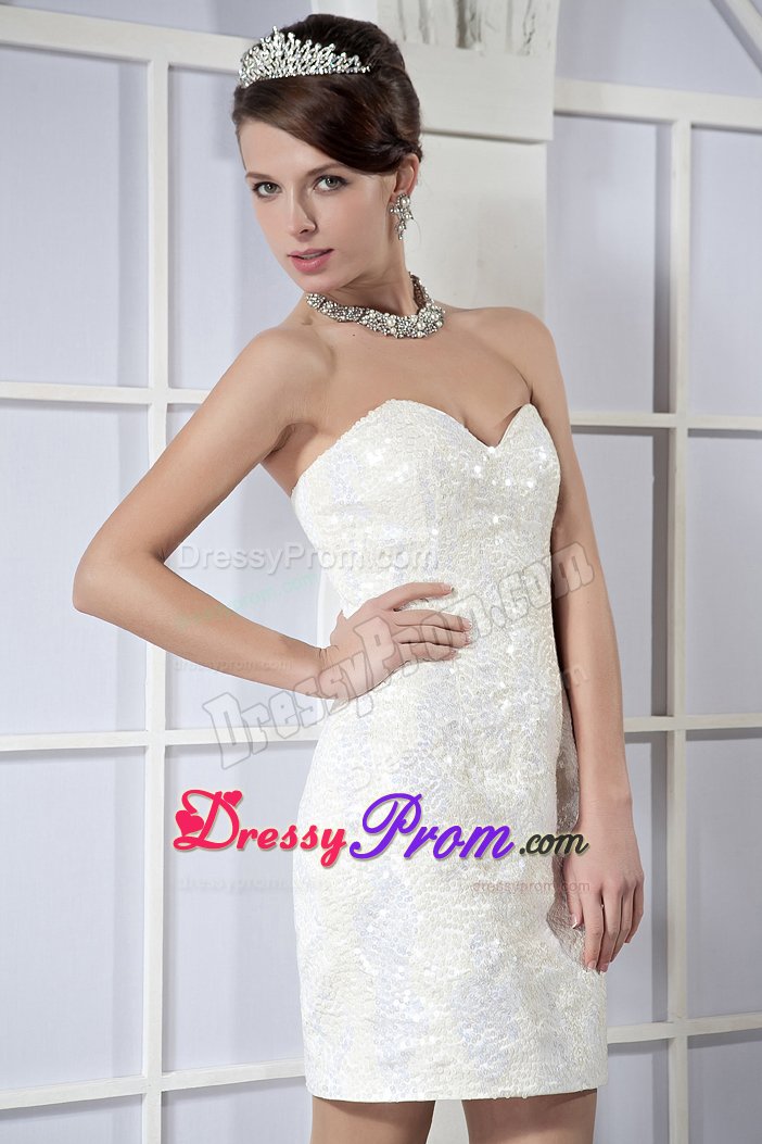 White Column Sweetheart Mini Prom Maxi Dress Sequins Over Skirt