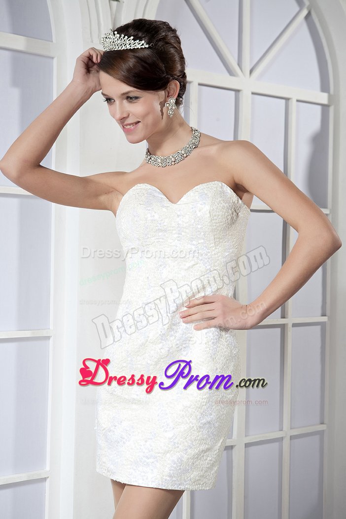 White Column Sweetheart Mini Prom Maxi Dress Sequins Over Skirt