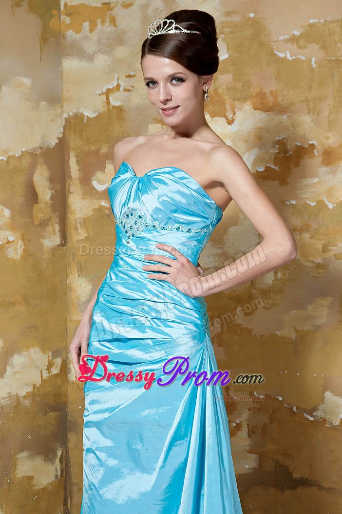 Beading and Ruches Accent Taffeta Prom Party Dress in Aqua Blue
