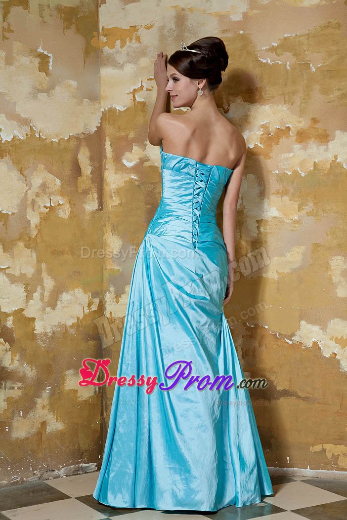 Beading and Ruches Accent Taffeta Prom Party Dress in Aqua Blue