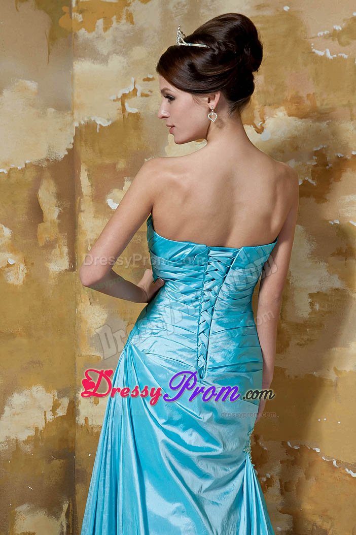 Beading and Ruches Accent Taffeta Prom Party Dress in Aqua Blue