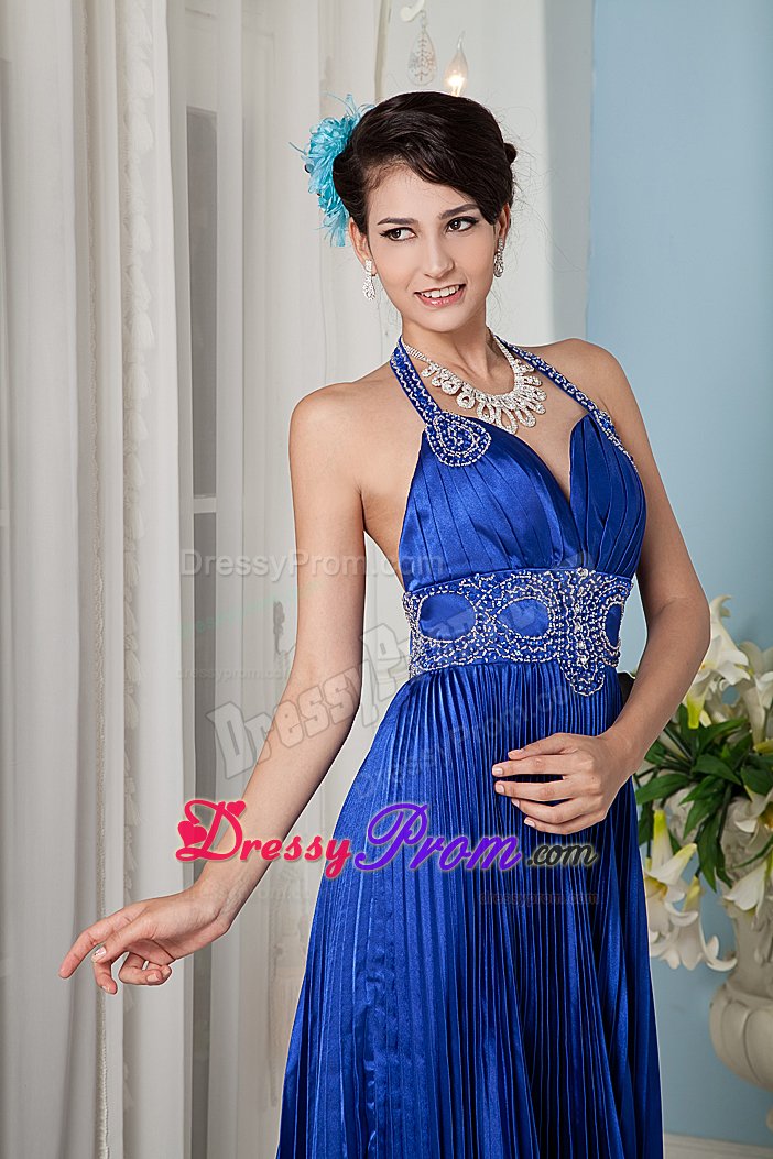 Royal Blue Halter Backless Pleated and Beaded Prom Party Dress