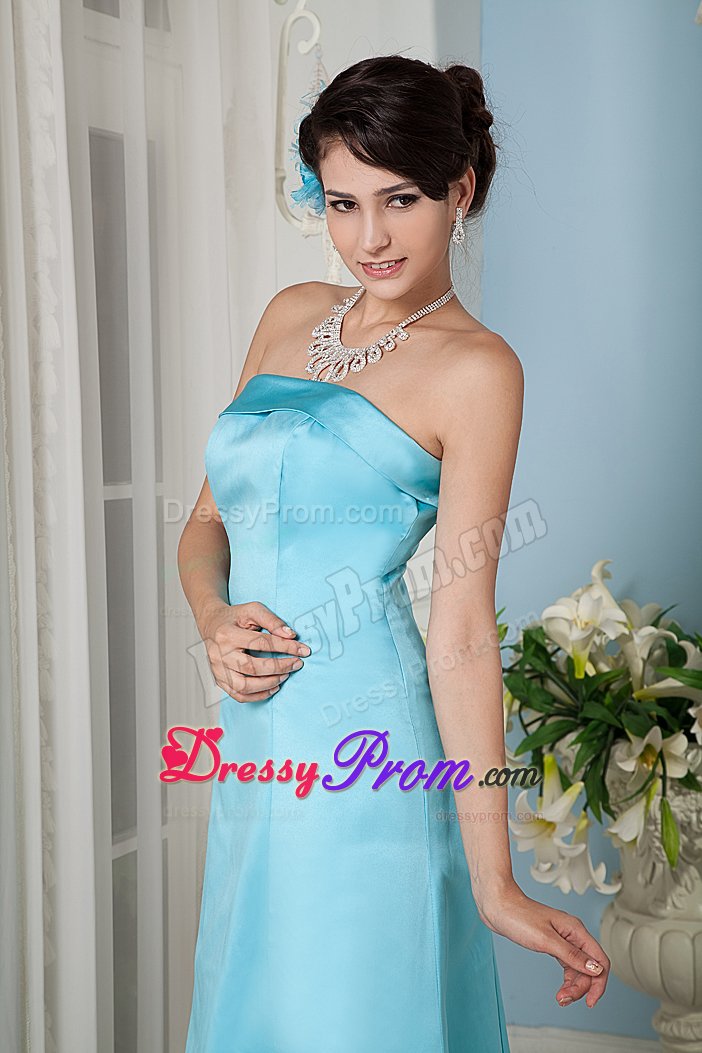Aqua Blue Satin Column Floor Length Strapless Prom Party Dress