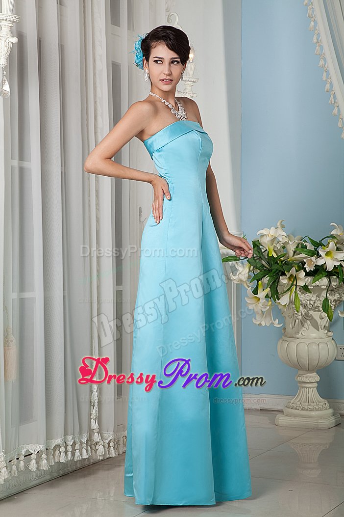 Aqua Blue Satin Column Floor Length Strapless Prom Party Dress