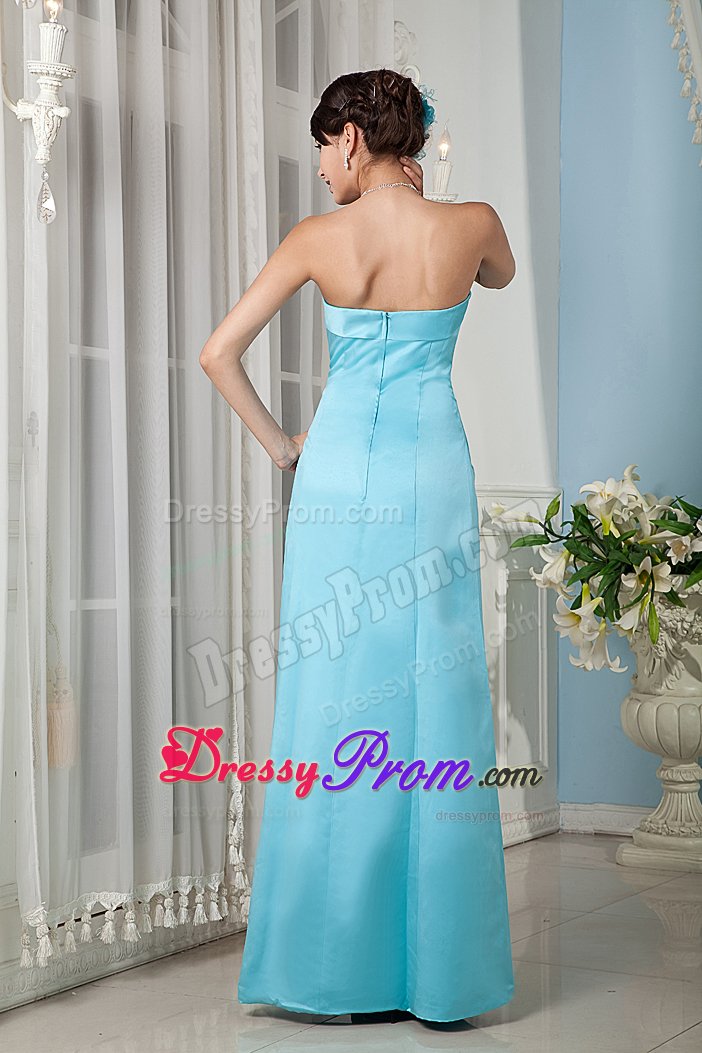Aqua Blue Satin Column Floor Length Strapless Prom Party Dress