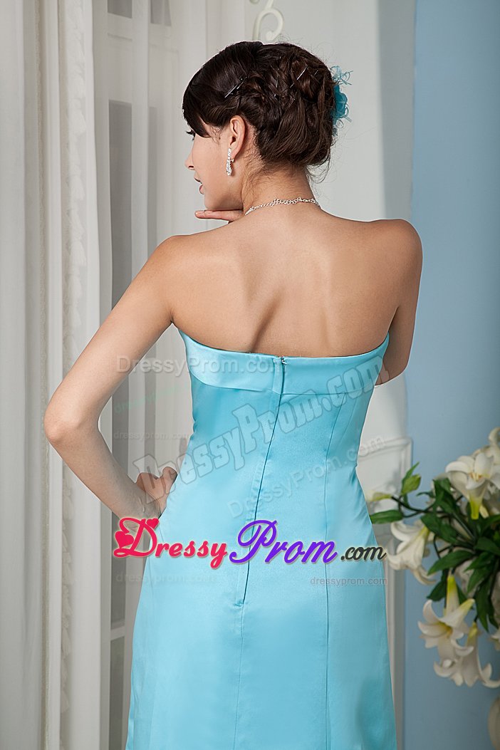 Aqua Blue Satin Column Floor Length Strapless Prom Party Dress