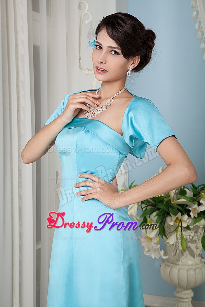 Aqua Blue Satin Column Floor Length Strapless Prom Party Dress