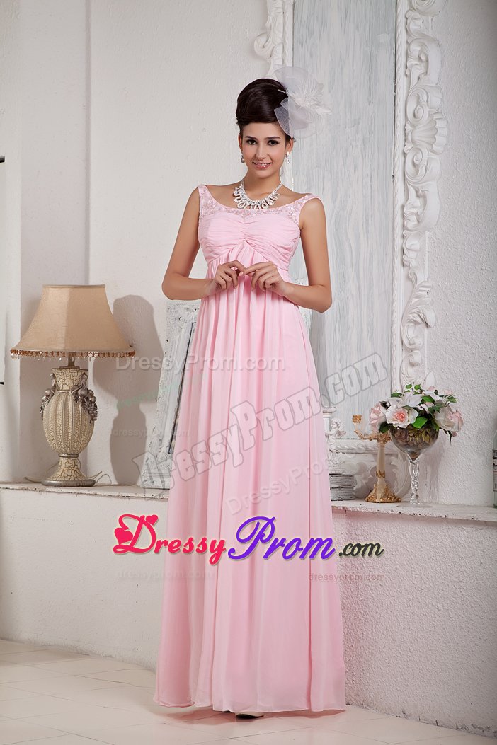Elegant Scoop Beaded and Ruched Prom Party Dress in Baby Pink