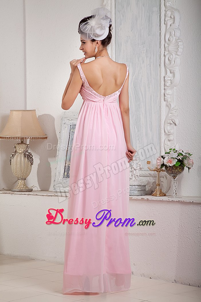 Elegant Scoop Beaded and Ruched Prom Party Dress in Baby Pink