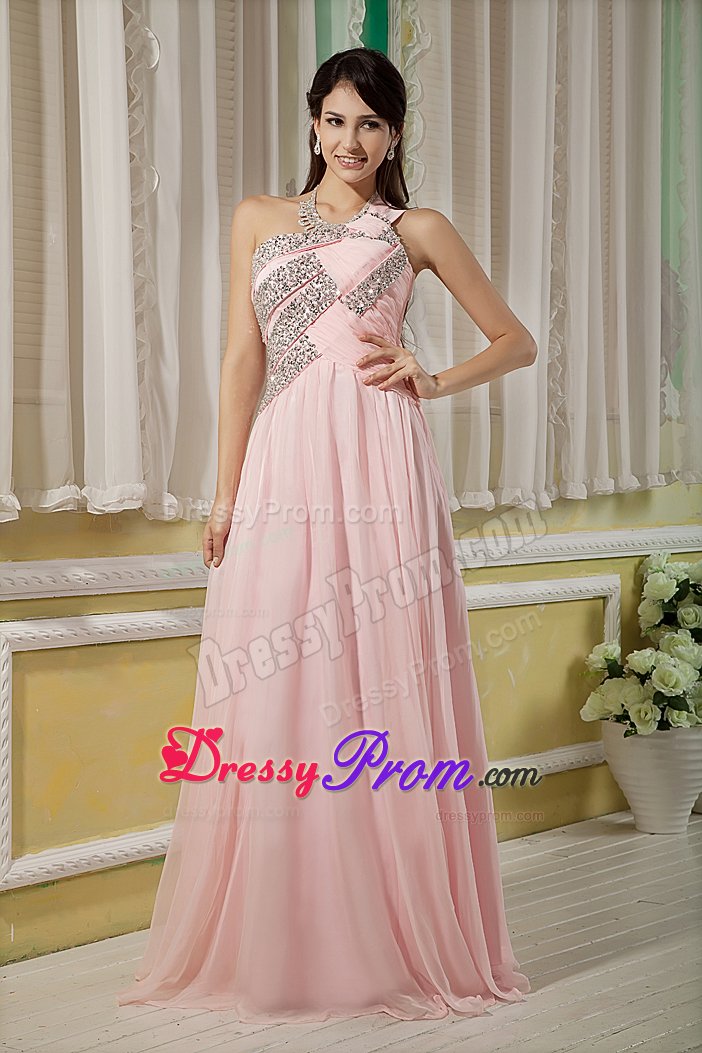 Pink Empire One Shoulder Beaded Floor Length Prom formal Dress
